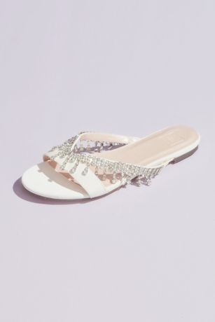 DB Studio White Flat Sandals (Crystal Drop V-Strap Slide Sandals)